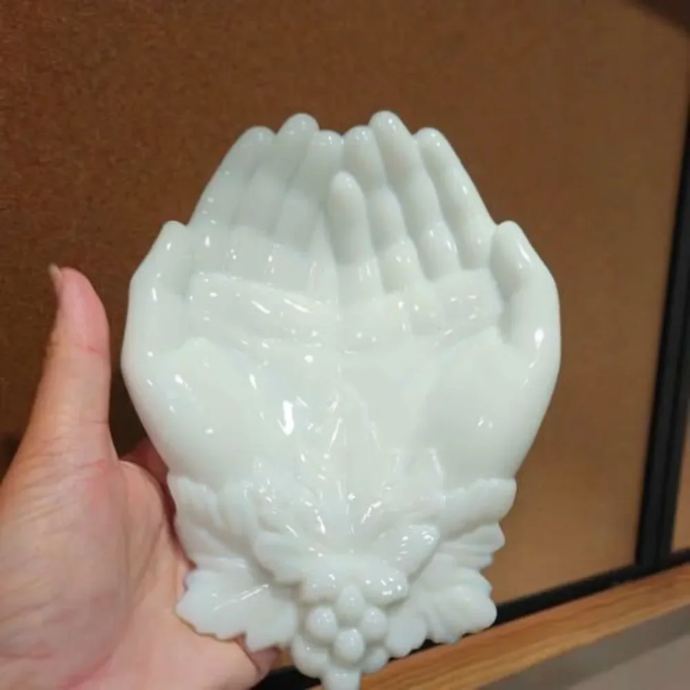 Milk Glass Cupped Hands Dish with Grape Design